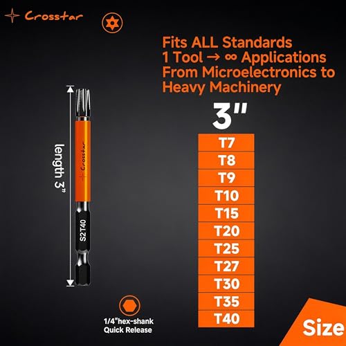 Image of Crosstar 3 inch and 6 inch Impact Long Torx Bit Set 29pc (TT7-TT40) S2 Steel Security Tamper Proof Star Bits, 1 /4 inch Hex-Shank Magnetic Holder & Storage Box w /Magnetizer
