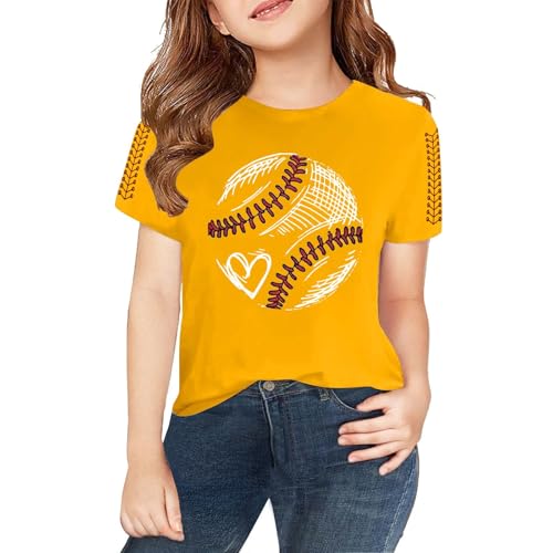 Kids Girls Baseball Printed Trendy Tees Short Sleeve Crewneck T-Shirts Girls Boys Athletic Shirts (Yellow #4, 6-7 Years)