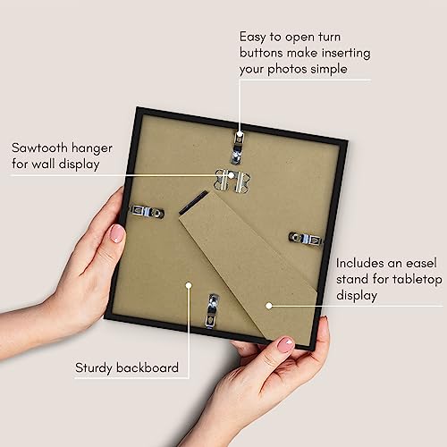Americanflat 7x7 Picture Frame with Shatter-Resistant Glass - Streamline Collection - Thin Border Square Frame for Tabletop and Wall Display - Hanging Hardware and Easel Stand Included - Black