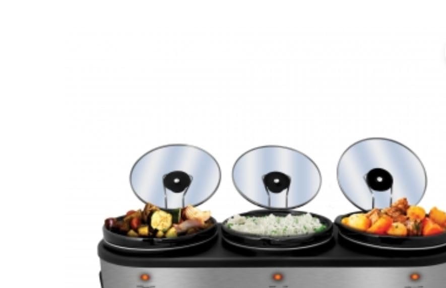 Triple 2 5 Quart Slow Cooker and Buffet Server in Brushed Silver and Black Finish with 3 Ceramic
