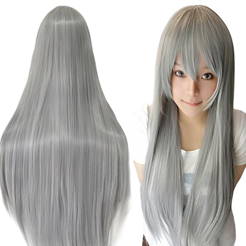 IMISSU 80cm Parrucche cosplay di capelli naturali lunghi e lisci con frangia Parrucca colorata per feste in costume di Halloween per ragazza (Grigio)