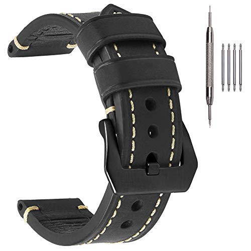 EACHE Correas de reloj de cuero negro Crazy Horse Correas de reloj de cuero genuino Correas de reloj de cuero grueso de 22mm con hebilla negr