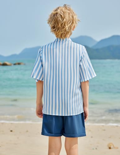 Image of Arshiner Boy's 2 Piece Beach Outfit Short Sleeve Textured Button Down Shirt and Short Sets Summer Vacation Wear 4-12 Years