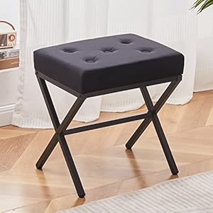 Cpintltr Ottoman Footrest Stool Tufted Vanity Stool Velvet Ottomans Thickened Cushion Footstool Mulifunctional Shoe Changing Seat Step Stools with Metal X Leg for Living Room Bedroom Black
