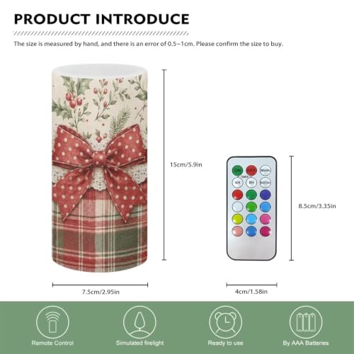 Image of Poceacles Christmas Flameless LED Battery Candles Pillar Candles Tealight with 18-Key Timer Remote with Colorful Light for Indoor Outdoor Home Decor, Christmas Bow Plaid Holly