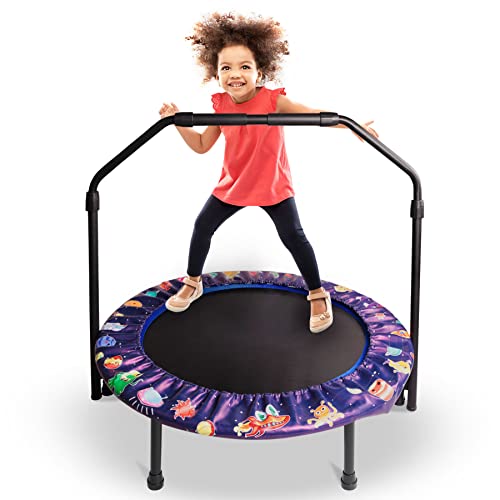 36-Inch Trampoline for Kids Mini Trampoline with Adjustable Handle and Safety Padded Cover Foldable Toddler Trampoline Indoor & Outdoor Rebounder Trampoline for Kids Play and Exercise (Purple)