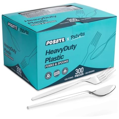 Plastic Forks and Spoons Silverware Set 300PCS, Heavy Duty Utensils 150 Clear Forks 150 Clear Spoons Disposable Utensils Cover