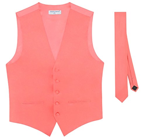 Mens SLIM FIT Dress Vest Skinny NeckTie CORAL PINK 2.5