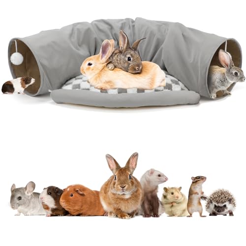 BWOGUE Bunny Tunnel Bed, 2-in-1 Collapsible Tunnel Tubes Toys with Removable Mat Hideout for Cats Kittens Rabbits Guinea Pigs Kitty (Gray)