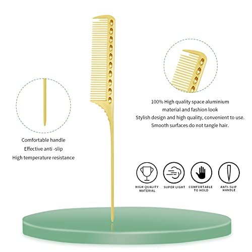 4 Types Professional Aluminum Hair Combs - Anti Static Stainless Steel Comb with Metal Tail for Hair Stylist Women Men Hair Styling Cutting - Gold