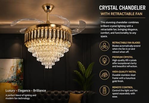 Image of Elegant Chandelier Ceiling Light for Living Room Hanging Pendant Light | Italian K9 Crystals | Metal Frame | Adjustable LED Light (Warm, Cool, Natural White) (Fan Chandelier-AD-600MM-Gold)