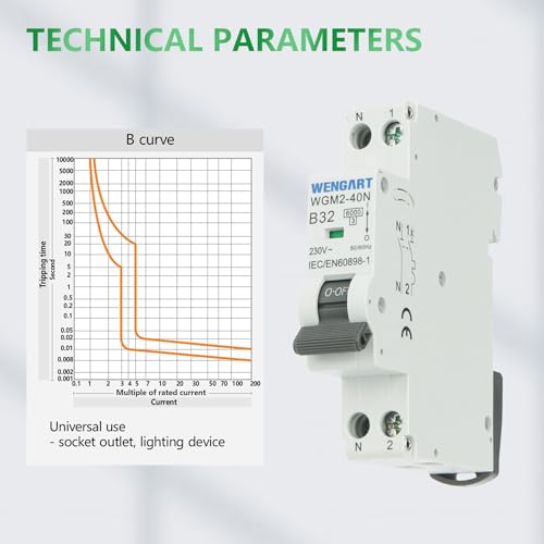 Wengart 1P+N Leitungsschutzschalter 32A B-Charakteristik, WGM2-40N Mini-Sicherungsautomat AC 230V 6kA, Platzsparender 1TE Elektro-Sicherheitsschalter für Backofen & Hausinstallation