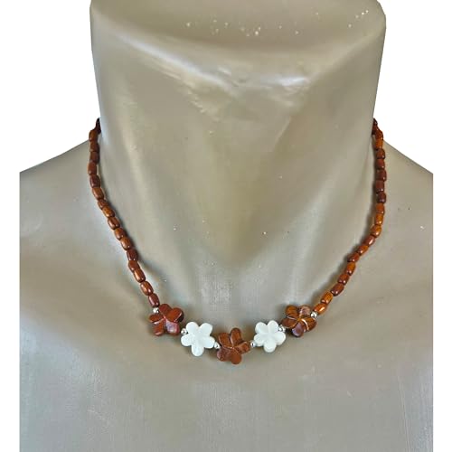 Hawaiian Jewelry Koa Wood and Bone Plumeria Flower Rice Bead Necklace3