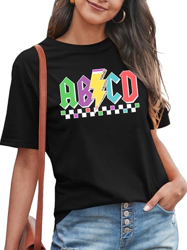 Teacher Shirts for Women Happy to See Your Face Tshirts Back to School Tee ABC Alphabet Elemeno Teachers Life Tops Black