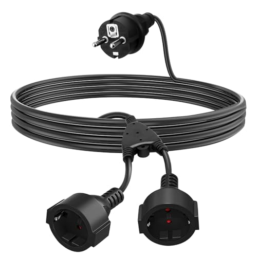 Cable Alargador de 2m con 2 Enchufes, 250 V/16 A, IP44, Cable Electrico 1760W, Alargo Doble, 2 Enchufes con Protección de Contacto, Cable de Goma para Exteriores Hogar y Oficina (Enchufe Doble)