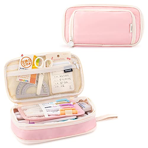Image of iSuperb Big Capacity Pencil Case Large Pencil Pouch Portable Pen Bag with 2 Compartments Pink Pen Organizer for School Teen Girls Women