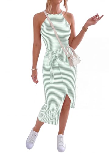 Image of NOLLSOM Women Casual Sleeveless Striped Tank Midi Dresses Halter Neck Ruched Bodycon Dresses Tie Waist T Shirt Summer Dress