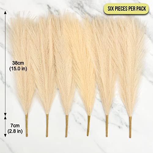 MOONDIAL Pampas Grass Artificial | 6 pcs Cream Dried Flowers 18" / 45cm | FREE EBOOK | Ornaments for Living Room & Home Accessories | Dried Flowers | Wedding Table Decoration | Living Room Decor