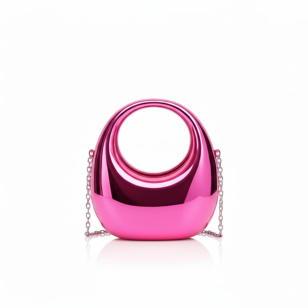 Metallic Pink Evening Clutch Handbag with Chain Strap, Crescent Moon Design-picture-29