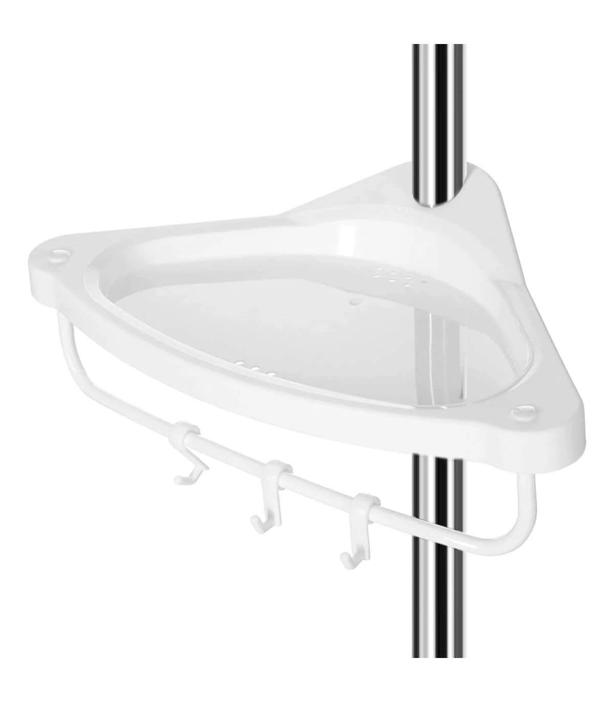 SONGMICS Półka pod prysznic z regulacją wysokości, narożna półka do łazienki, półka łazienkowa, 95-300 cm, od podłogi do sufitu, 4 półki, 3 haczyki, 1 uchwyt na ręcznik, biało-srebrny BCB02SW