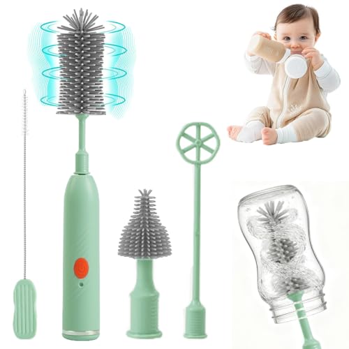 Eléctrico Cepillo Limpia Biberones, Silicona de Grado Alimentario Resistente al Agua IPX7 Kit Completo de Limpieza de Biberones, Limpieza de 360° y Potencia Potente, para Biberones, Sacaleches y Tetin