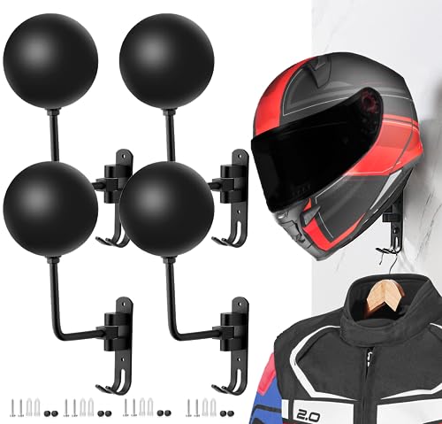 SANGMO Soporte de pared para casco de motocicleta de 180°, 4 soportes de metal de rotación con 2 ganchos para abrigos de bicicleta, gorras, béisbol, rugby (negro)