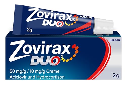 Zovirax Duo Creme mit der Zweifach-Wirkformel bei Lippenherpes: Stoppt die Virenvermehrung und kann die Bläschenbildung verhindern. 5 % Aciclovir und 1 % Hydrocortison. Herpescreme. 2 g Packung