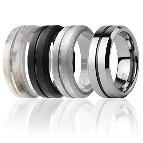 ROQ - 4 Pack - 3 Silicone & 1 Tungsten Carbide Wedding Rings for Men – Mens Silicone Ring for Work/Sport, Tungsten Band for Events - Engraved Middle Line Style - Grey, Black, Silver - Size 14