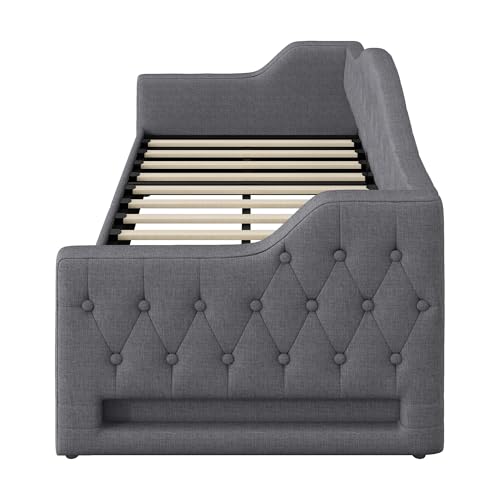 EINHOM Polsterbett Schlafsofa 90x200 cm, Tagesbett Sofabett mit LED-Gürtel, Stauraumbett mit Hydraulischer Stauraum, Lattenrost aus Holz, MDF+Sperrholz+Leinen, Ohne Matratze, Grau – Bild 6