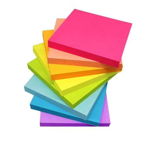 Wowivy 8 Pads - 3 in x 3 in Sticky Notes, 8 Colors Post Self Stick Notes Pads Bright Stickies Colorful Super Sticking Memo Pads，for Office, Home, School, Meeting, Strong Adhesive, 82 Sheets/pad