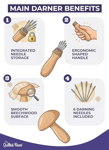 Image of The Quilted Bear Wooden Darning Mushroom & 6 Darner Needles, Repair Clothes