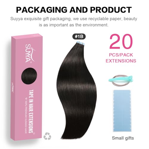 SUYYA Tape in Hair Extensions Natural Black 100% Remy Human 20 inches 20pcs 50g/pack Straight Seamless Skin Weft Hair(20 #1B Off Black) - Image 3