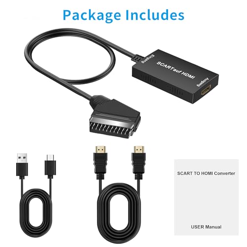 uhddadi Scart auf HDMI Konverter, Scart auf HDMI Adapter Video Audio Wandler HD 1080P mit HDMI Kabel, für HDTV STB VHS Xbox PS3 Sky DVD Blu-ray usw, schwarz