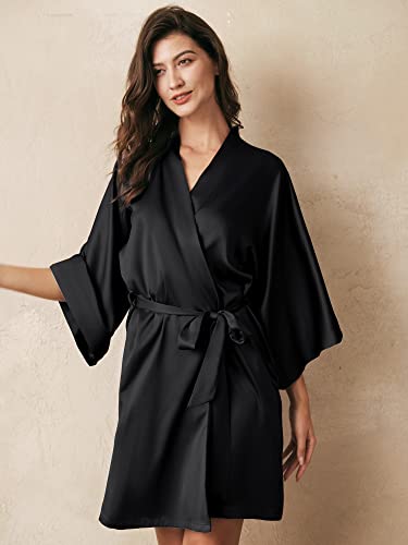 Aw Bridal Women's Black Silk Robe, Short Satin Kimono Robe Bridal Party Robes For Brides Bridesmaids, Black L #TOP2
