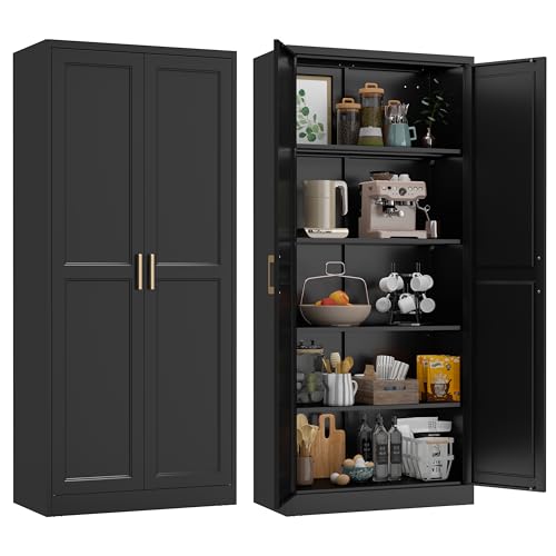 71' Kitchen Pantry Storage Cabinet,Black Tall Storage Cabinet With Doors and Shelves,Metal Food Pantry Cabinets for Kitchen Storage,Freestanding Cupboard for Dining Living Room,Assemble Required