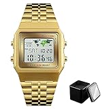 Tevimpeya Digitaal herenhorloge met roestvrijstalen band, waterdicht horloge, zakelijk sporthorloge voor heren met LED-lichtdisplay, multifunctionele quartz stopwatch, zilver, goud, M, armband