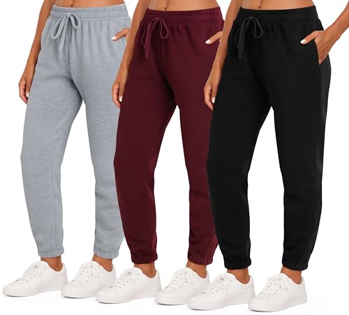 Real Essentials 3 Pack: Women's Fleece Jogger Sweatpants (Available in Plus Size)