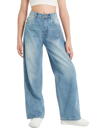 EXARUS Girls Jeans Baggy Wide Leg Cute Teen Denim Pants Junior Mid Rise Elastic Band with Pockets Casual Clothes