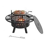 Relaxdays Feuerschale, Ø 91,5 cm, Verstellbarer Grillrost, Deckel & Schürhaken, Feuerstelle Garten, Feuerkorb, schwarz