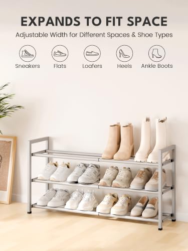 Image of Bumusty 3-Tier Expandable Shoe Rack for Closet, 18 inch-33 inch Adjustable Shoe Rack for Small Space, Small Shoe Organizer for Front Door, Sturdy Metal, Light Grey
