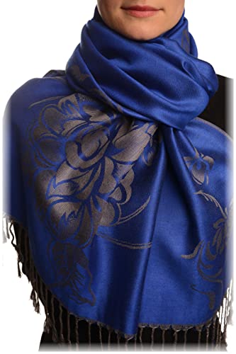 Pashmina bleu perse LissKiss, cadeau idéal écharpe originale à roses