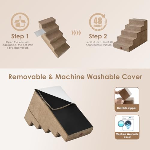 Image of EHEYCIGA Dog Stairs for High Bed 25 inch H, 5-Step Extra Wide Dog Steps for Bed, Pet Steps for Small Dogs and Cats, Non-Slip Balanced Pet Ramp Indoor, Camel