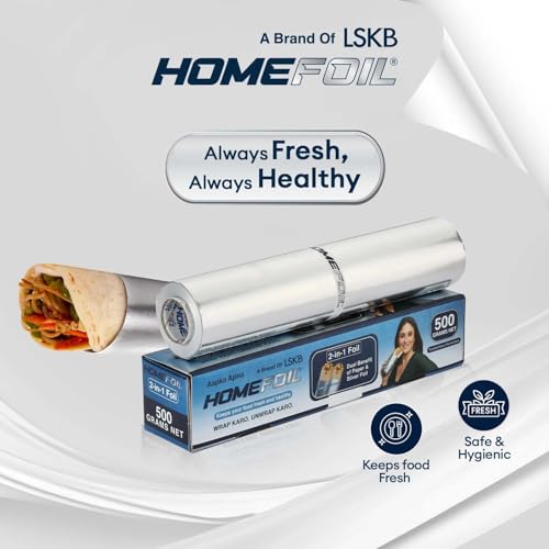 Image of HOMEFOIL 2-in-1 Paper & Silver Converted Aluminium Foil (500 Grams Net) for Packing | Keeps Food Fresh | Ideal for Wrapping, Storing and Serving | 33.06 Meter Net Guaranteed Length