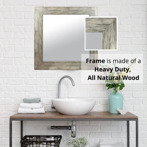 Raphael Rozen , Rustic Bathroom Mirror, Wall Mounted Hanging Mirror, Distressed Wood Like Finish, Gray - White Color, 30"X30" #TOP1