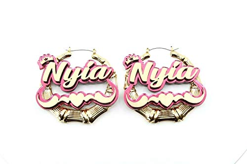 Name Necklace Plate Personalized Custom Nameplate and 2.5" Bamboo Gold Earrings With Swirls Heart and Crown on Top Jewelry Set Color Choice Laser Cut Gold Script Cursive Letters, Quality Gold Chain4