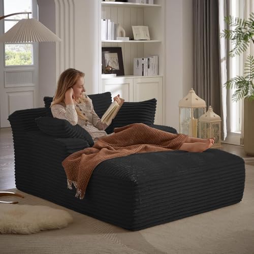 Fluffy Corduroy Chaise Lounge Daybed Oversized Sleeper Chair Sofa Bed,Boneless Sleeper Couch Recliner Full Foam Floor Cloud Sofa Chaise W/3 Pillows and Wide Armrests for Living Room Bedroom