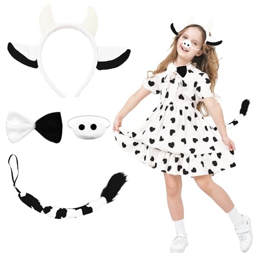 Cuackamily 4 Piezas Juego de Disfraz de Animales,Disfraces para Niños,Diadema Cuernos de Vaca Corbata Lazo Cola Vacas Disfraces Accesorios,Fiesta de Cosplay Animal Regalo Halloween Cumpleaños Navidad