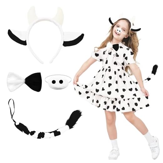 Cuackamily 4 Piezas Juego de Disfraz de Animales,Disfraces para Niños,Diadema Cuernos de Vaca Corbata Lazo Cola Vacas Disfraces Accesorios,Fiesta de Cosplay Animal Regalo Halloween Cumpleaños Navidad