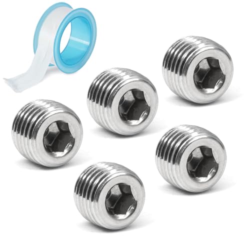 LifCratms 1/2 NPT Male Plug 304 Stainless Steel Internal Hex Thread Pipe Plug Hex Countersunk Head Plug Socket Pipe Fitting Kit (Pack of 5)