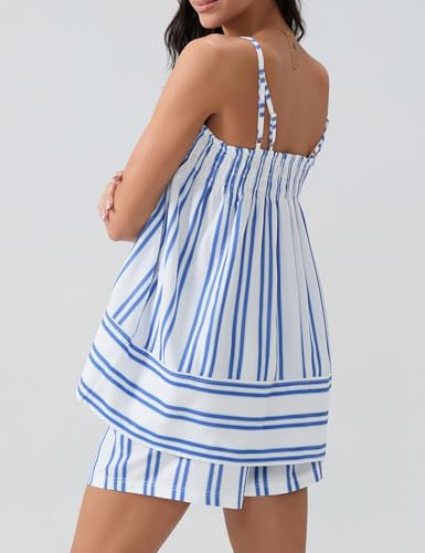 Image of Wyeysyt Women 2 Piece Lounge Set Striped Pajama Set Ruffle Hem Cami Tops and Stripe Boxer Shorts Pj Set Sleepwear
